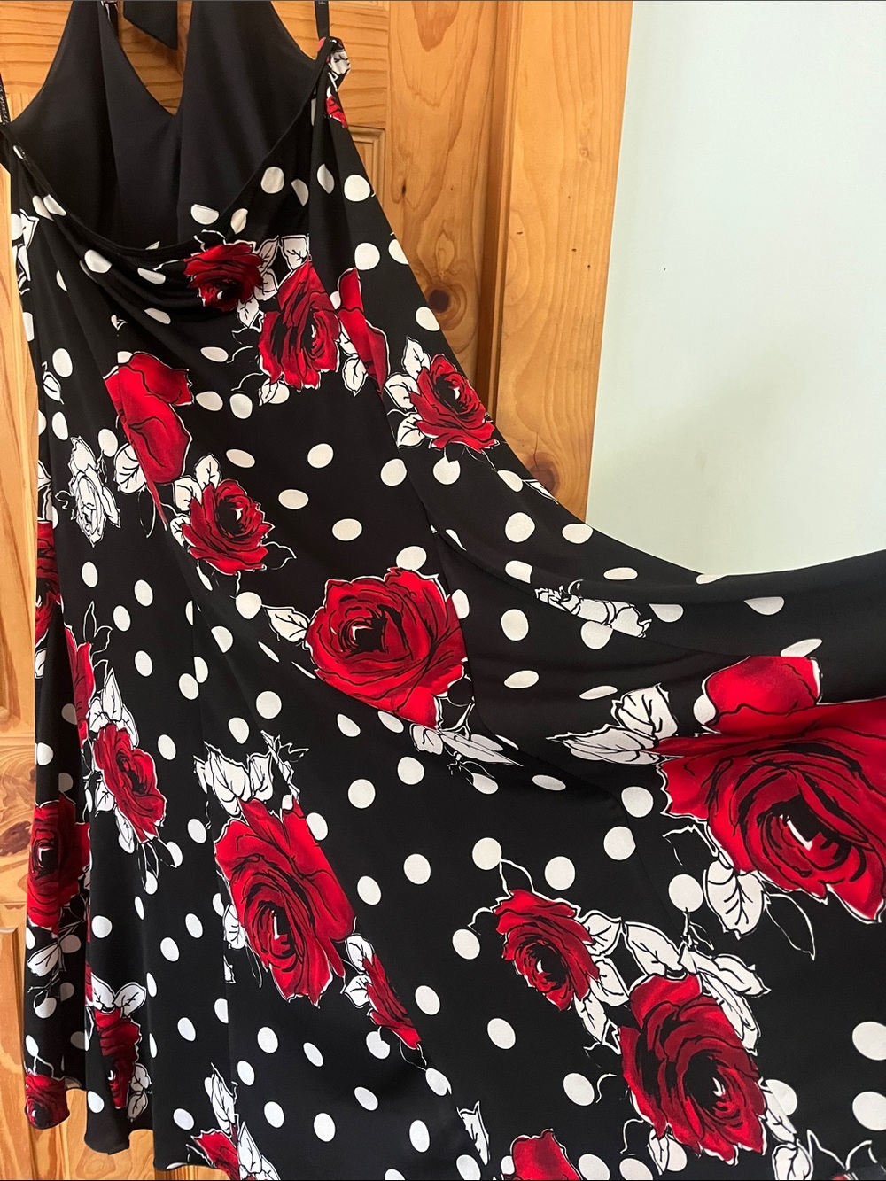 Frank Lyman Black Halter Polka Dot Dress with Red Rose Print - Vintage